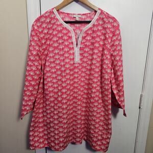 NwT TALBOTS Womens Size 3X Pink V-Neck Lace Trim Pullover Tunic Top Boho Coastal